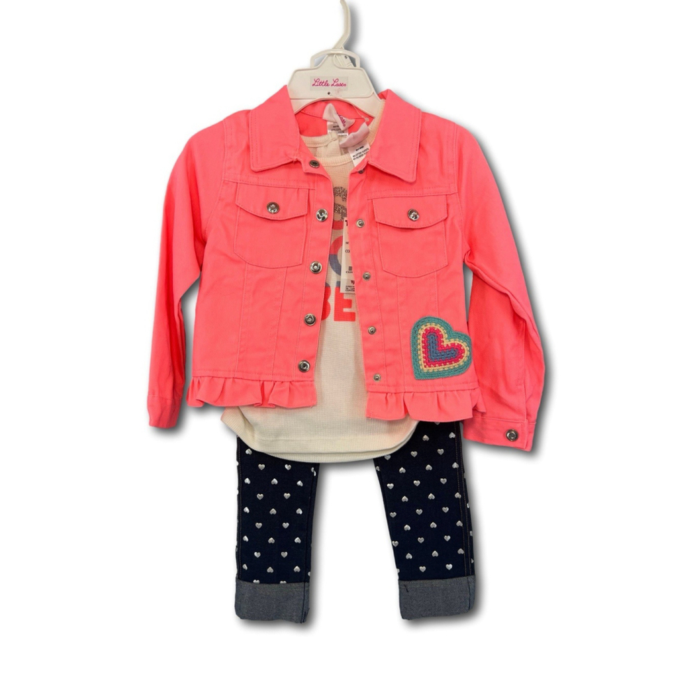 Little Lass 3-Pc Pink Denim Jacket Short Sleeve Top Leggings Girls Size 5 NWT